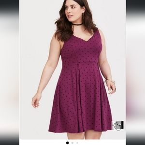 Gently-used Torrid Size 00 Burgundy Polka Dot Pleated Ponte Skater Dress